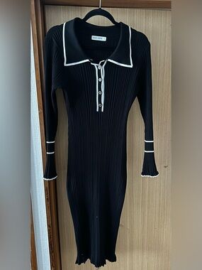 Black Ribbed Knit Dress with White Trim